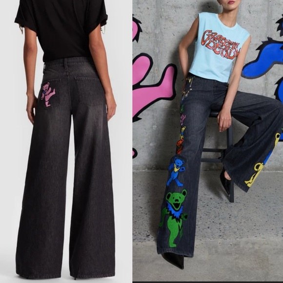 Stylish Black Wide-Leg Jeans with Colorful Bear Design